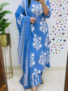 Blue Printed Sequence Embroidery Pure Cotton Straight Suit Set - BONYHUBSALWAR KAMEEZ