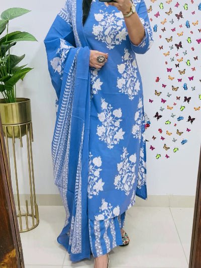 Blue Printed Sequence Embroidery Pure Cotton Straight Suit Set - BONYHUBSALWAR KAMEEZ