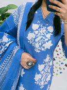 Blue Printed Sequence Embroidery Pure Cotton Straight Suit Set - BONYHUBSALWAR KAMEEZ