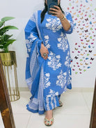 Blue Printed Sequence Embroidery Pure Cotton Straight Suit Set - BONYHUBSALWAR KAMEEZ