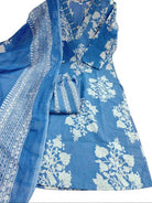 Blue Printed Sequence Embroidery Pure Cotton Straight Suit Set - BONYHUBSALWAR KAMEEZ