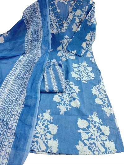 Blue Printed Sequence Embroidery Pure Cotton Straight Suit Set - BONYHUBSALWAR KAMEEZ