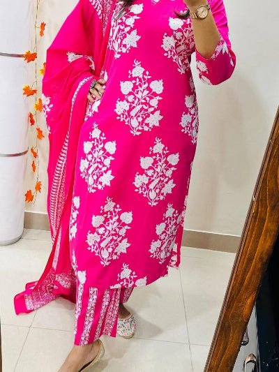 Pink Printed Sequence Embroidery Pure Cotton Straight Suit Set - BONYHUBSALWAR KAMEEZ
