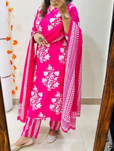Pink Printed Sequence Embroidery Pure Cotton Straight Suit Set - BONYHUBSALWAR KAMEEZ