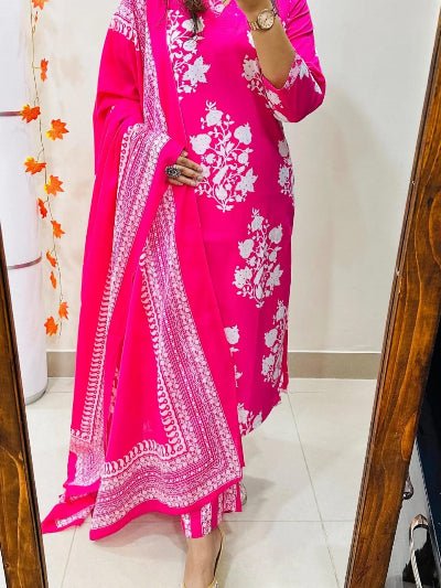 Pink Printed Sequence Embroidery Pure Cotton Straight Suit Set - BONYHUBSALWAR KAMEEZ