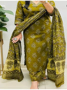 Olive Green Block Printed Cotton Straight Suit Set - BONYHUBSALWAR KAMEEZ