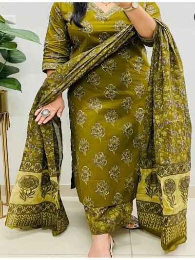 Olive Green Block Printed Cotton Straight Suit Set - BONYHUBSALWAR KAMEEZ