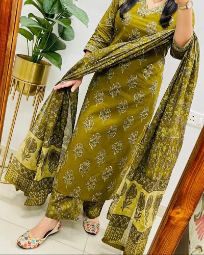 Olive Green Block Printed Cotton Straight Suit Set - BONYHUBSALWAR KAMEEZ