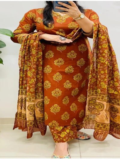 Mustard Yellow Block Printed Cotton Straight Suit Set - BONYHUBSALWAR KAMEEZ