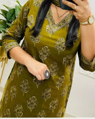 Olive Green Block Printed Cotton Straight Suit Set - BONYHUBSALWAR KAMEEZ
