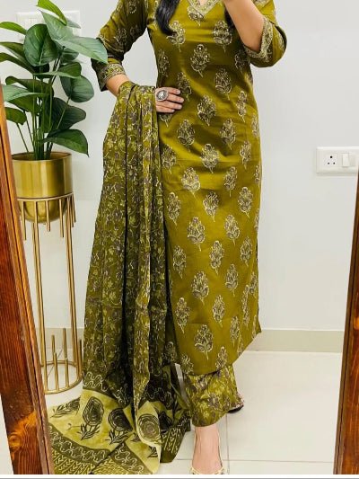 Olive Green Block Printed Cotton Straight Suit Set - BONYHUBSALWAR KAMEEZ