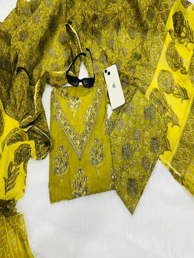 Olive Green Block Printed Cotton Straight Suit Set - BONYHUBSALWAR KAMEEZ