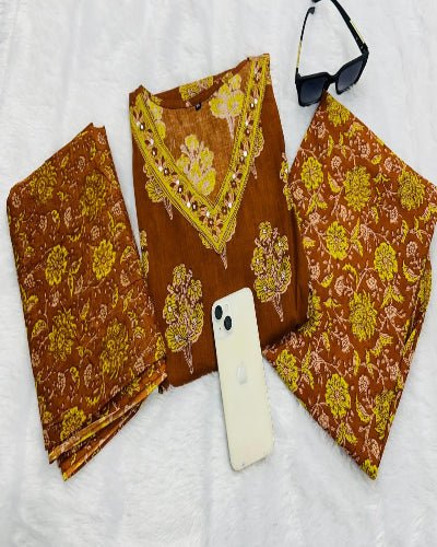 Mustard Yellow Block Printed Cotton Straight Suit Set - BONYHUBSALWAR KAMEEZ