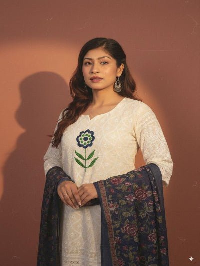 White Chikankari Embroidery Cotton Straight Suit Set - BONYHUBSALWAR KAMEEZ