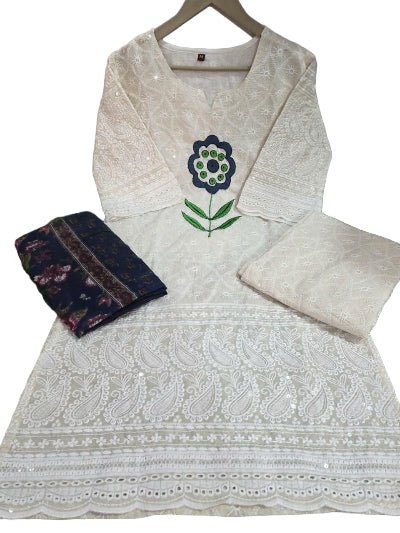 White Chikankari Embroidery Cotton Straight Suit Set - BONYHUBSALWAR KAMEEZ