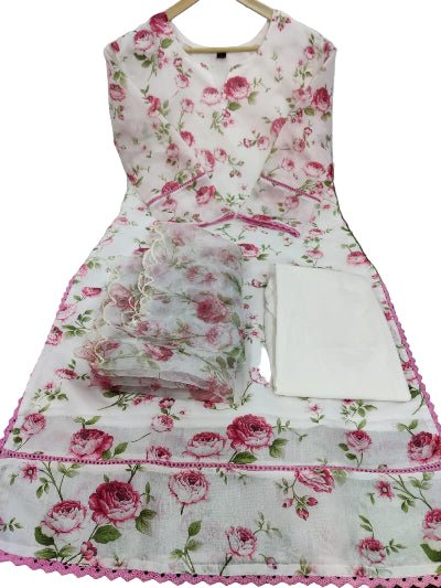 White Floral Printed Chanderi Cotton Straight Suit Set - BONYHUBSALWAR KAMEEZ