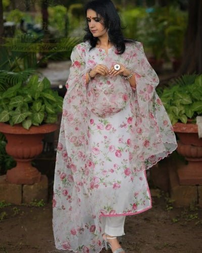 White Floral Printed Chanderi Cotton Straight Suit Set - BONYHUBSALWAR KAMEEZ