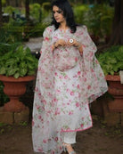 White Floral Printed Chanderi Cotton Straight Suit Set - BONYHUBSALWAR KAMEEZ