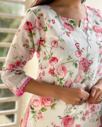 White Floral Printed Chanderi Cotton Straight Suit Set - BONYHUBSALWAR KAMEEZ