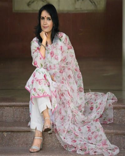 White Floral Printed Chanderi Cotton Straight Suit Set - BONYHUBSALWAR KAMEEZ