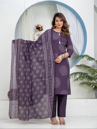 Dark Purple Elegant Ada Work Pure Cotton Straight Suit Set - BONYHUBSALWAR KAMEEZ