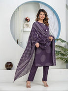 Dark Purple Elegant Ada Work Pure Cotton Straight Suit Set - BONYHUBSALWAR KAMEEZ