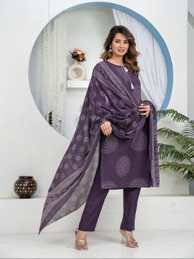 Dark Purple Elegant Ada Work Pure Cotton Straight Suit Set - BONYHUBSALWAR KAMEEZ