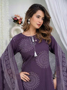 Dark Purple Elegant Ada Work Pure Cotton Straight Suit Set - BONYHUBSALWAR KAMEEZ