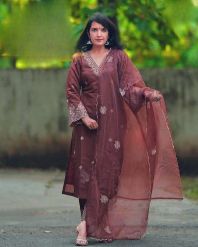 Walnut Brown Embroidery Chanderi Silk Straight Suit Set - BONYHUBSALWAR KAMEEZ
