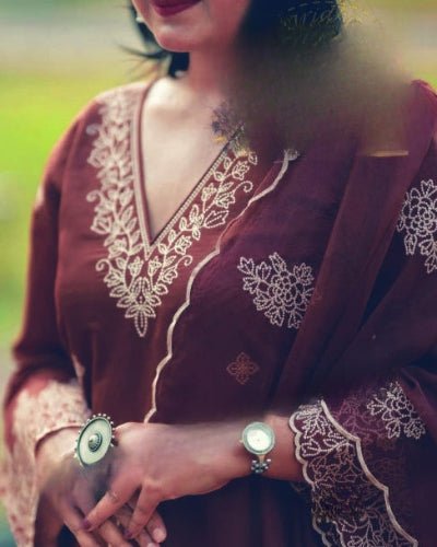 Walnut Brown Embroidery Chanderi Silk Straight Suit Set - BONYHUBSALWAR KAMEEZ