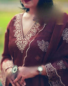 Walnut Brown Embroidery Chanderi Silk Straight Suit Set - BONYHUBSALWAR KAMEEZ
