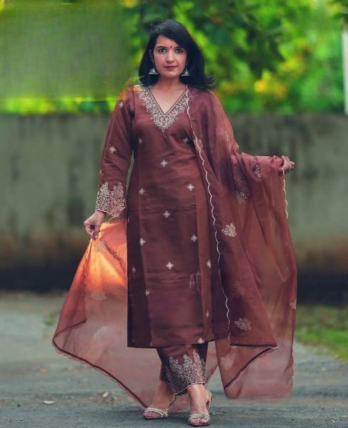 Walnut Brown Embroidery Chanderi Silk Straight Suit Set - BONYHUBSALWAR KAMEEZ