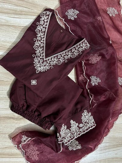 Walnut Brown Embroidery Chanderi Silk Straight Suit Set - BONYHUBSALWAR KAMEEZ