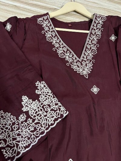 Walnut Brown Embroidery Chanderi Silk Straight Suit Set - BONYHUBSALWAR KAMEEZ