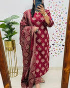 Red Classy Adda work Cotton Straight Suit Set - BONYHUBSALWAR KAMEEZ