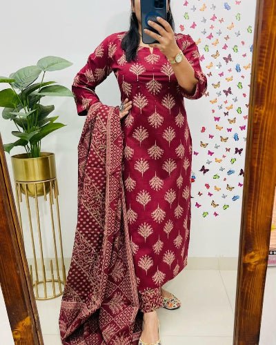 Red Classy Adda work Cotton Straight Suit Set - BONYHUBSALWAR KAMEEZ