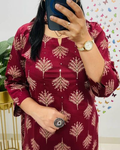 Red Classy Adda work Cotton Straight Suit Set - BONYHUBSALWAR KAMEEZ