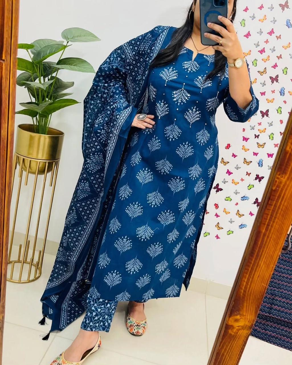 Blue Classy Adda work Cotton Straight Suit Set - BONYHUBSALWAR KAMEEZ