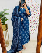 Blue Classy Adda work Cotton Straight Suit Set - BONYHUBSALWAR KAMEEZ