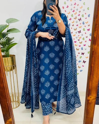 Blue Classy Adda work Cotton Straight Suit Set - BONYHUBSALWAR KAMEEZ