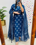 Blue Classy Adda work Cotton Straight Suit Set - BONYHUBSALWAR KAMEEZ