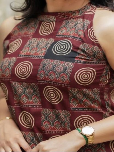 Rusty Red Halter Neck Ajrakh Cotton Kurti Palazzo Set Of 2 - BONYHUBSALWAR KAMEEZ