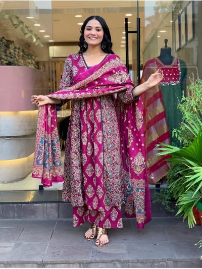 Classy Pink Embroidery Cotton Flair Anarkali Suit - BONYHUBSALWAR KAMEEZ