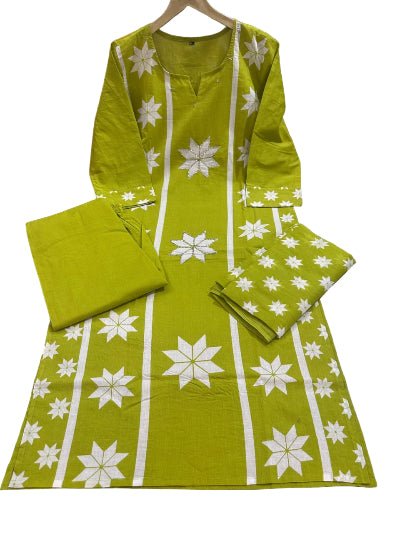 Green Soft Cotton Beautiful A Line Straight Suit Set - BONYHUBSALWAR KAMEEZ