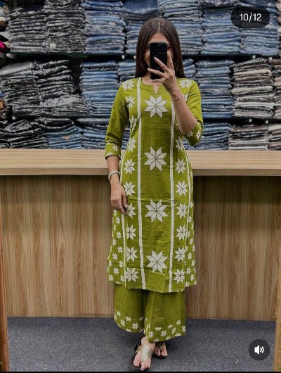Green Soft Cotton Beautiful A Line Straight Suit Set - BONYHUBSALWAR KAMEEZ