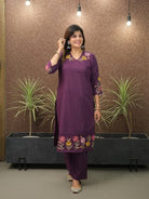 Classy Purple Embroidery Cotton Kurti Pant Set Of 2 - BONYHUBSALWAR KAMEEZ