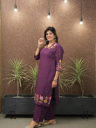 Classy Purple Embroidery Cotton Kurti Pant Set Of 2 - BONYHUBSALWAR KAMEEZ