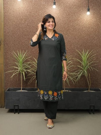Classy Black Embroidery Cotton Kurti Pant Set Of 2 - BONYHUBSALWAR KAMEEZ