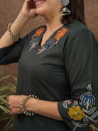 Classy Black Embroidery Cotton Kurti Pant Set Of 2 - BONYHUBSALWAR KAMEEZ