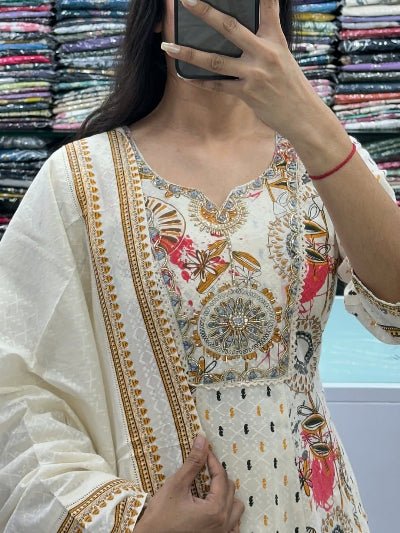 White Beautiful Adda Work Cotton Printed Anarkali Suit - BONYHUBSALWAR KAMEEZ